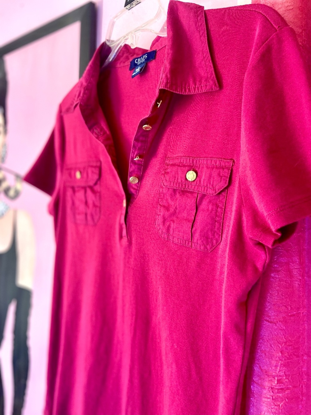 Chaps Maroon Pink Polo Gold Button Embellished Preppy Collar Shirt Womens Large